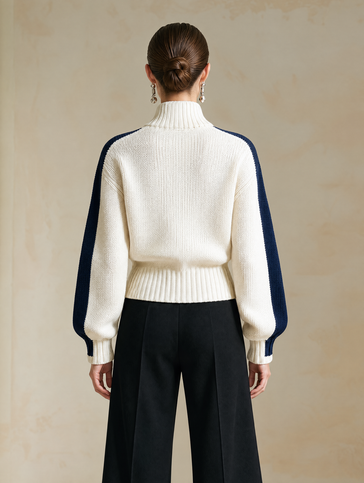 Elegant Ivory Half-Zip High-Neck Knit Sweater With Navy Contrast Stripes