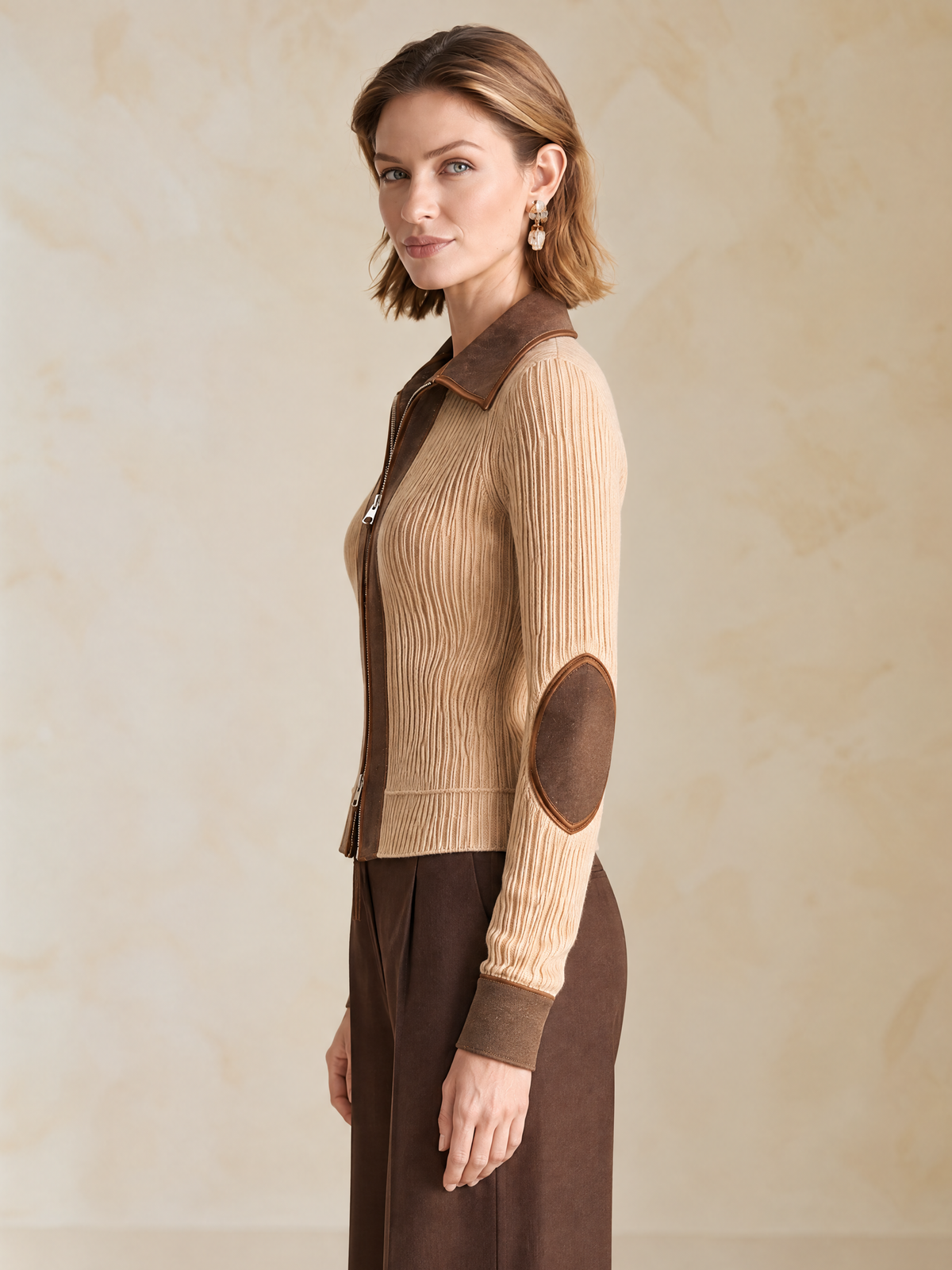 Elegant Khaki Wool Knit Cardigan With Brown Denim Contrast Panels