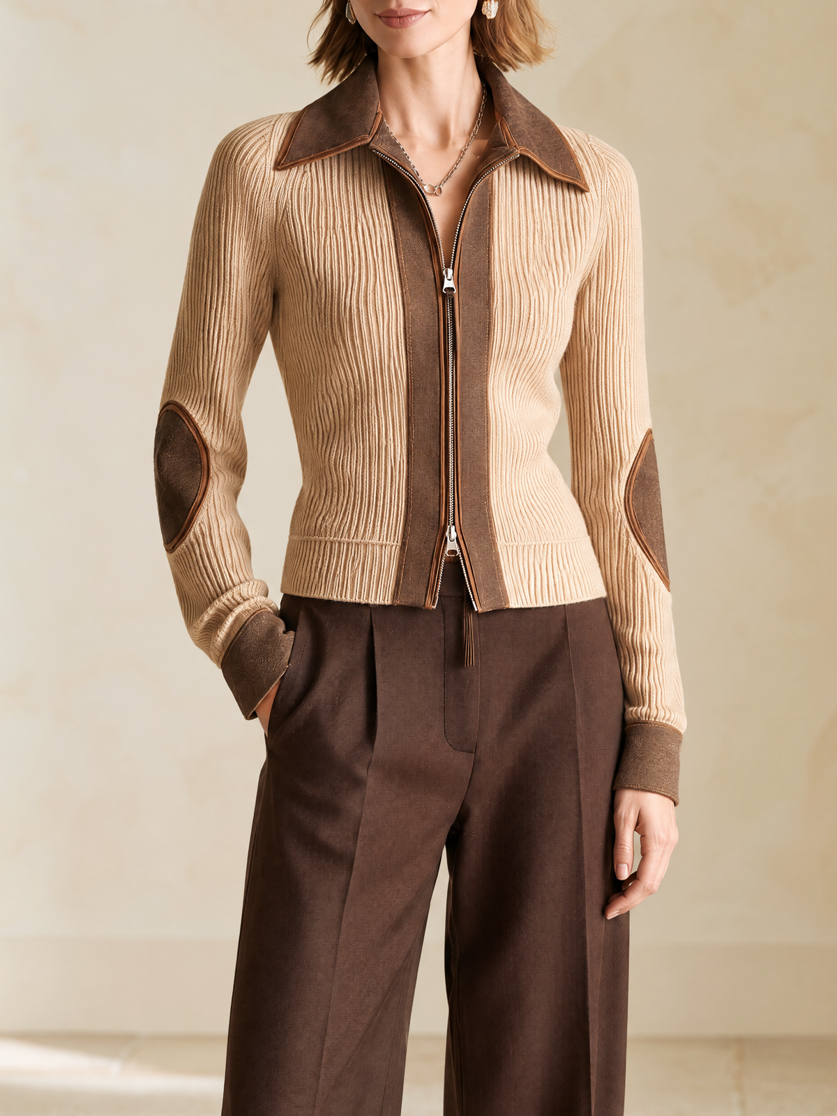 Elegant Khaki Wool Knit Cardigan With Brown Denim Contrast Panels
