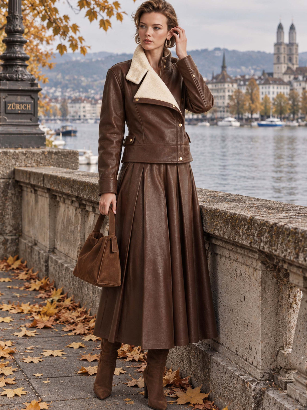 Dark Brown PU Pleated Draped Midi Skirt