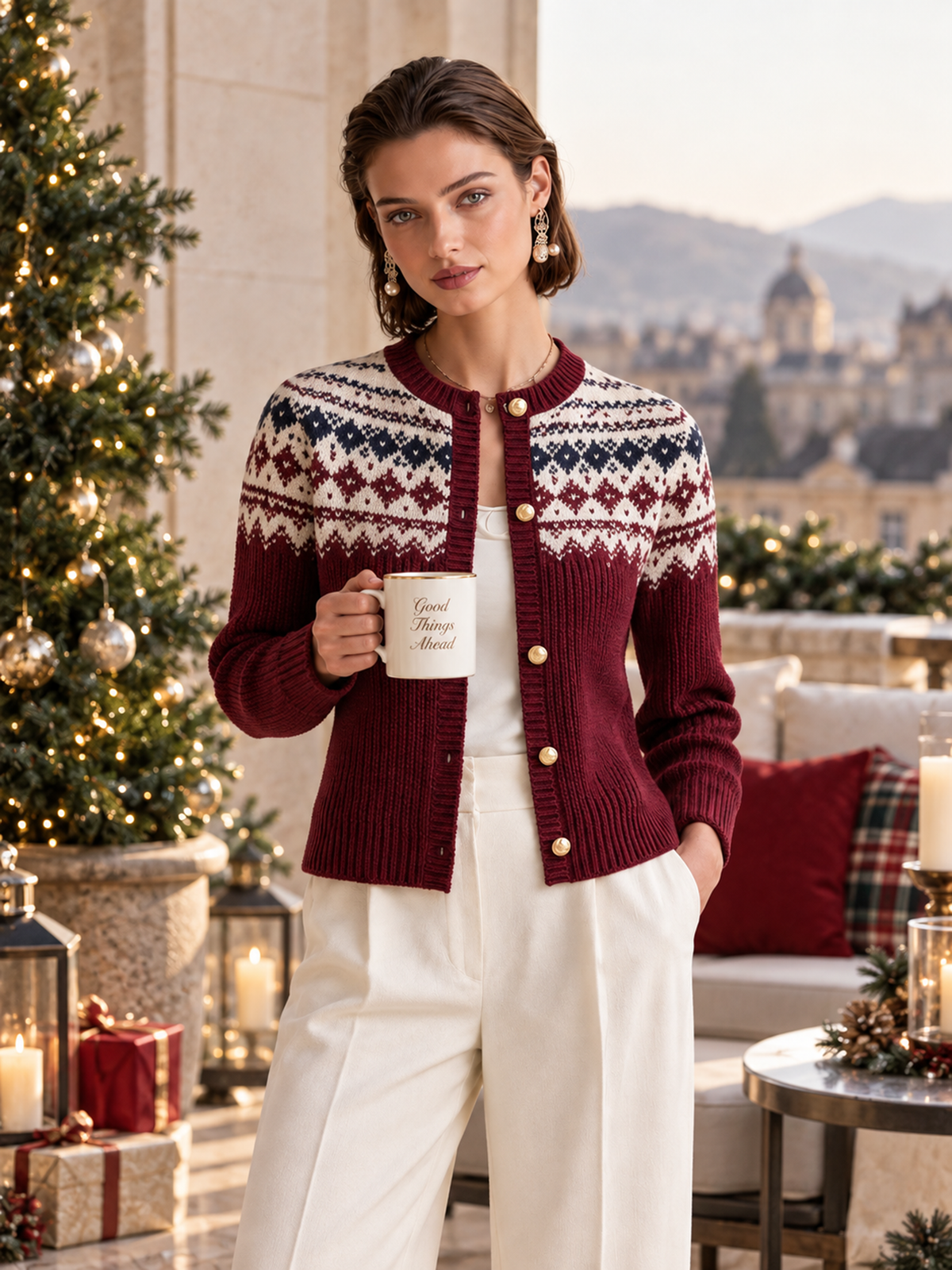 Elegant Burgundy Fair Isle Contrast Jacquard Wool Knit Cardigan