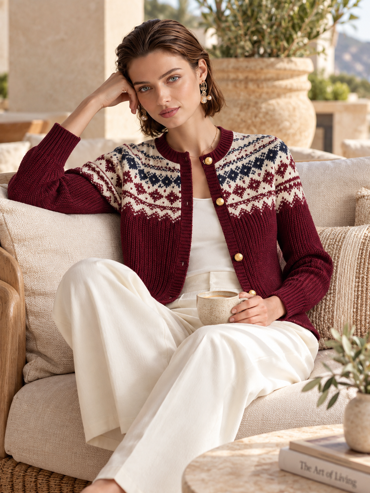 Elegant Burgundy Fair Isle Contrast Jacquard Wool Knit Cardigan