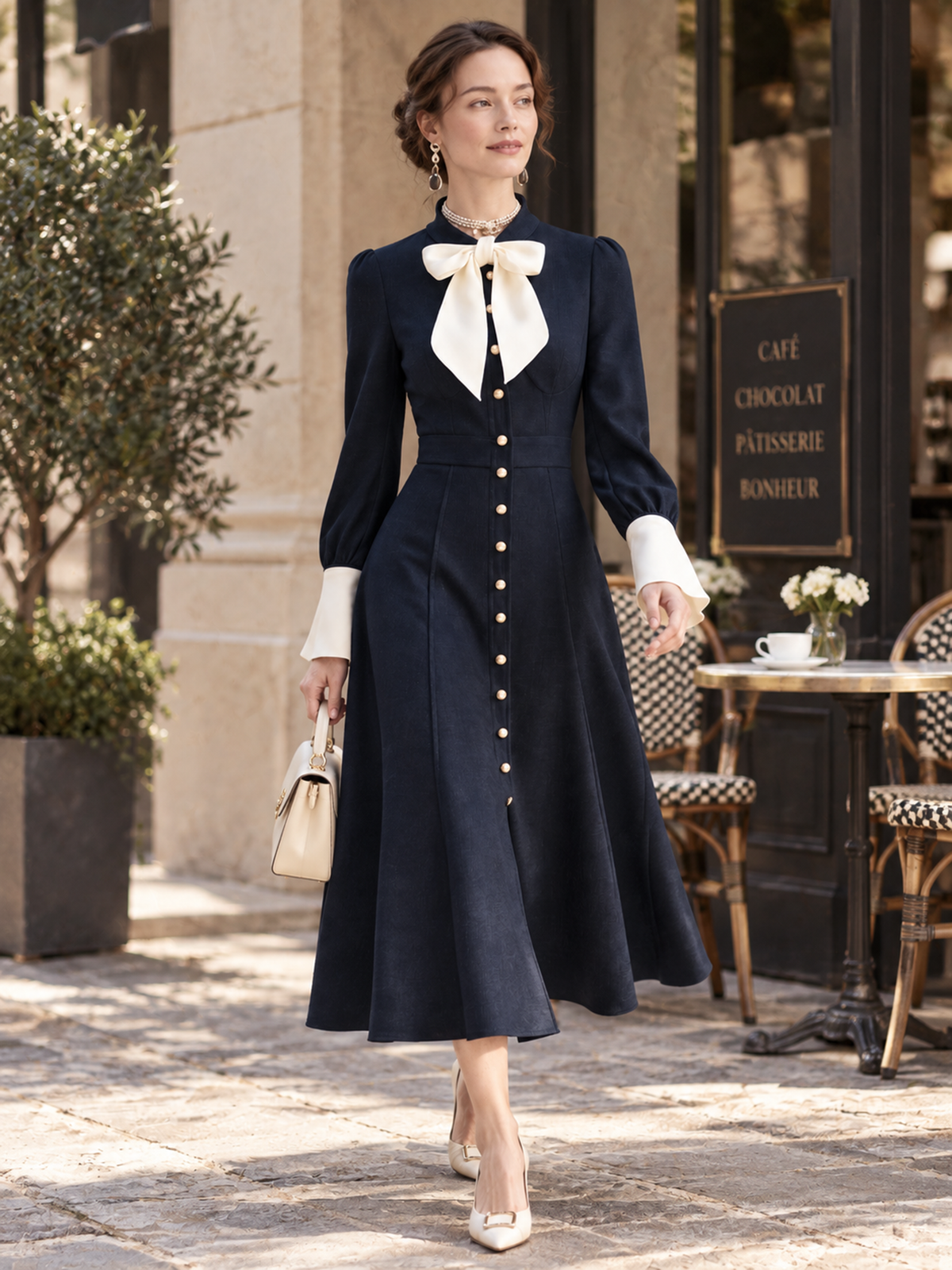 Elegant Navy & Ivory Contrast Bow-Neck Midi Dress
