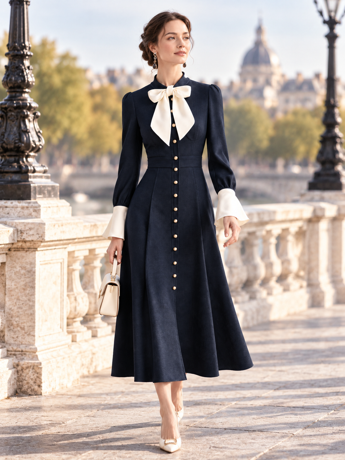 Elegant Navy & Ivory Contrast Bow-Neck Midi Dress