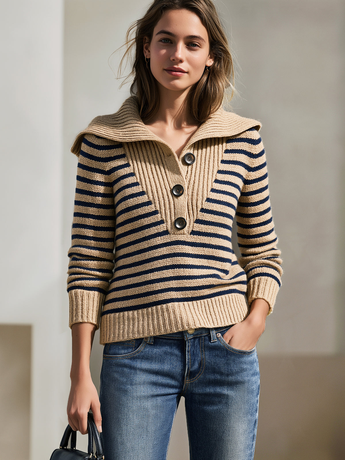 Breton Stripe Wide Collar Knit Sweater