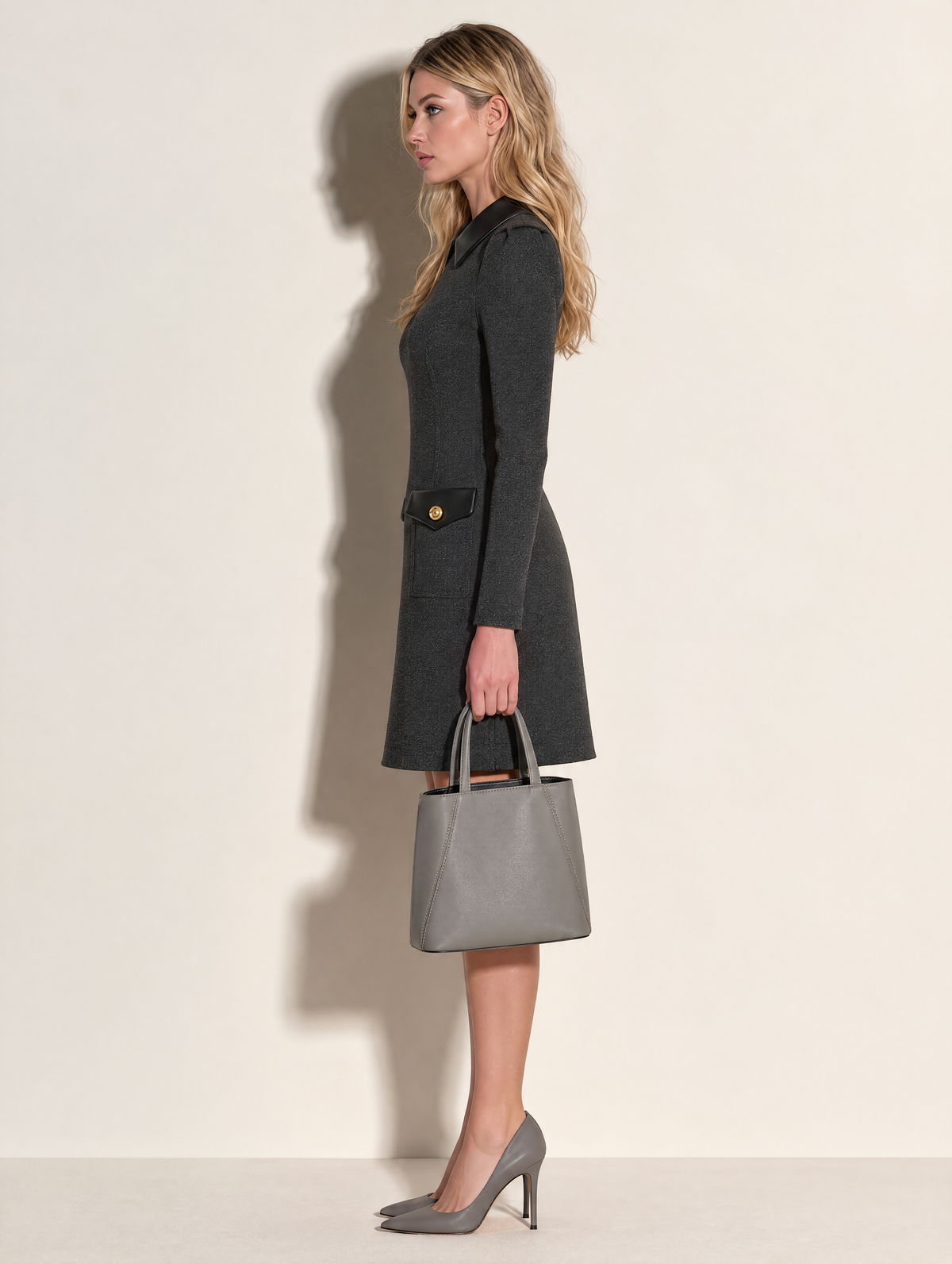 Charcoal Tweed Mini Dress With Contrast Faux Leather Collar And Flap Pockets
