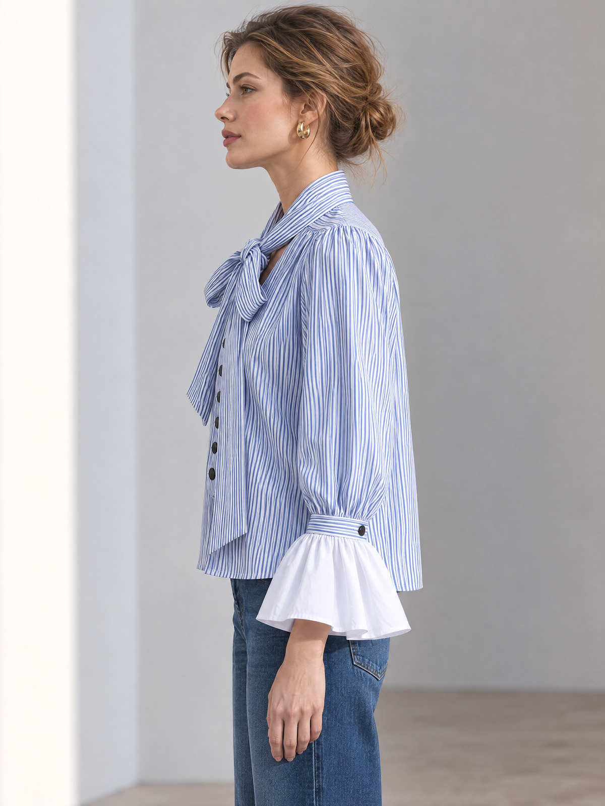 Blue Striped Bow Tie Neck Blouse With Contrast White Ruffle Cuffs