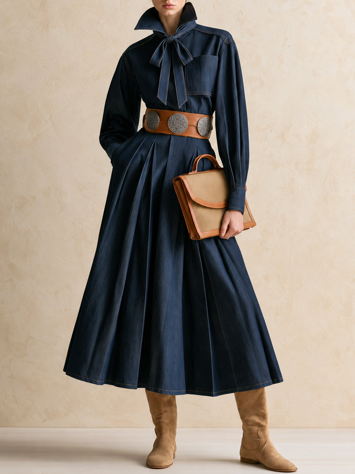 Navy Blue Denim Maxi Skirt With A Bow At The Neckline