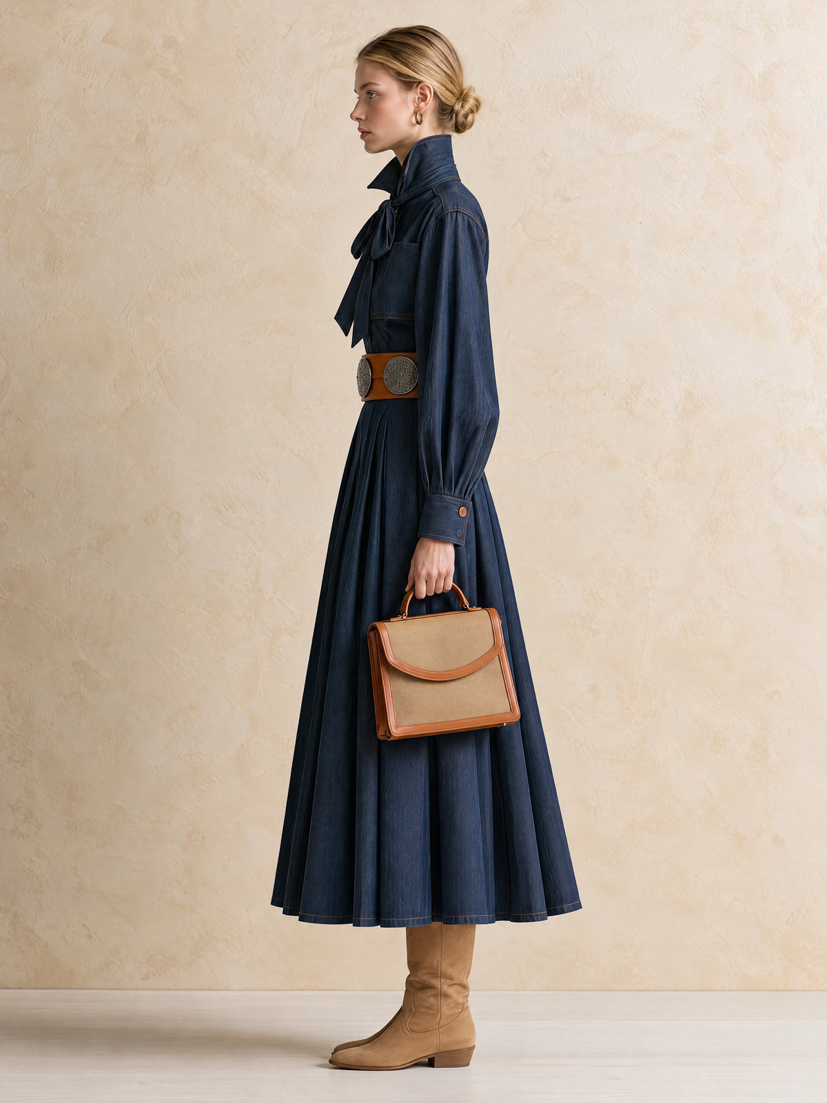 Navy Blue Denim Maxi Skirt With A Bow At The Neckline