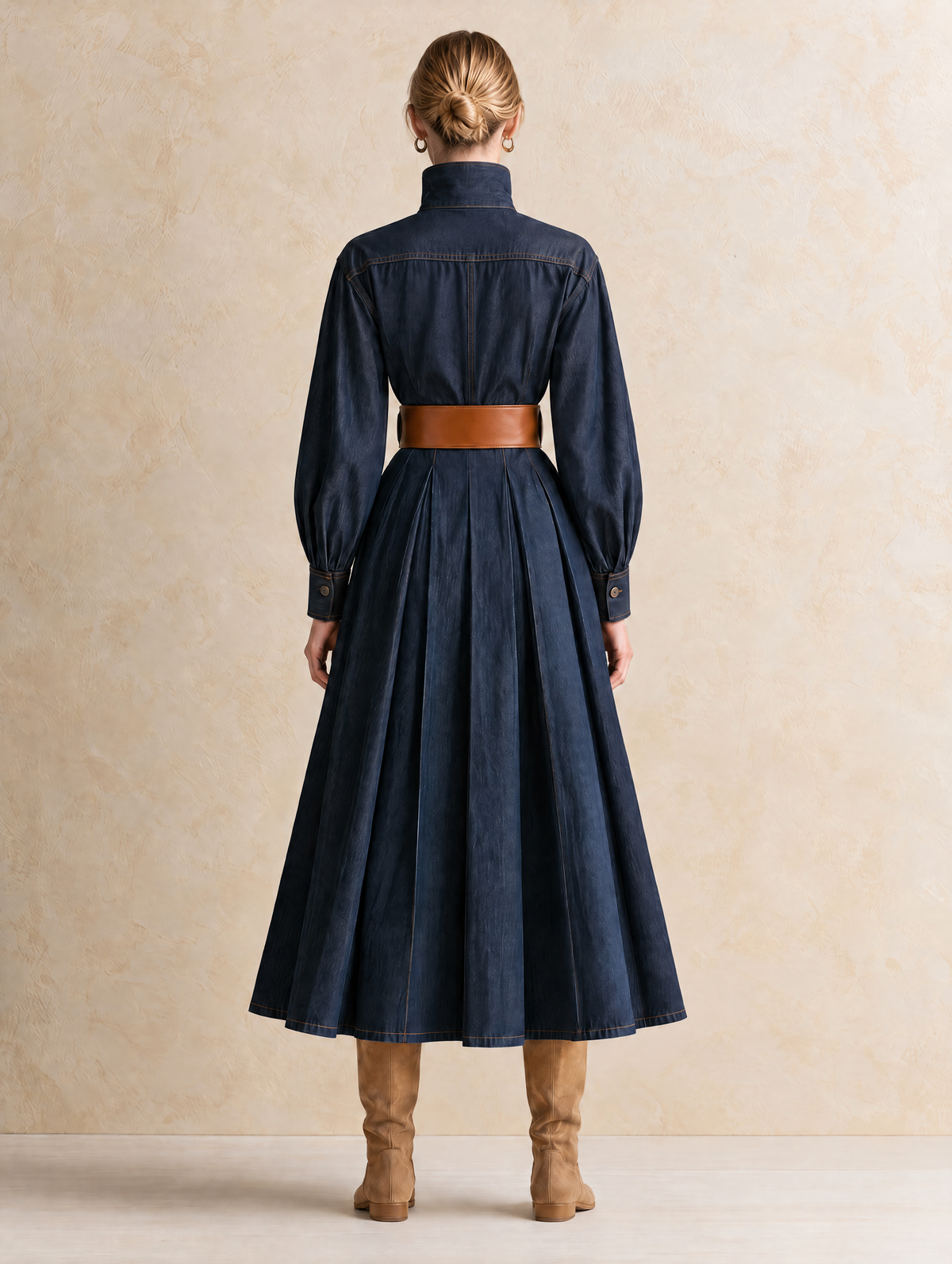 Navy Blue Denim Maxi Skirt With A Bow At The Neckline
