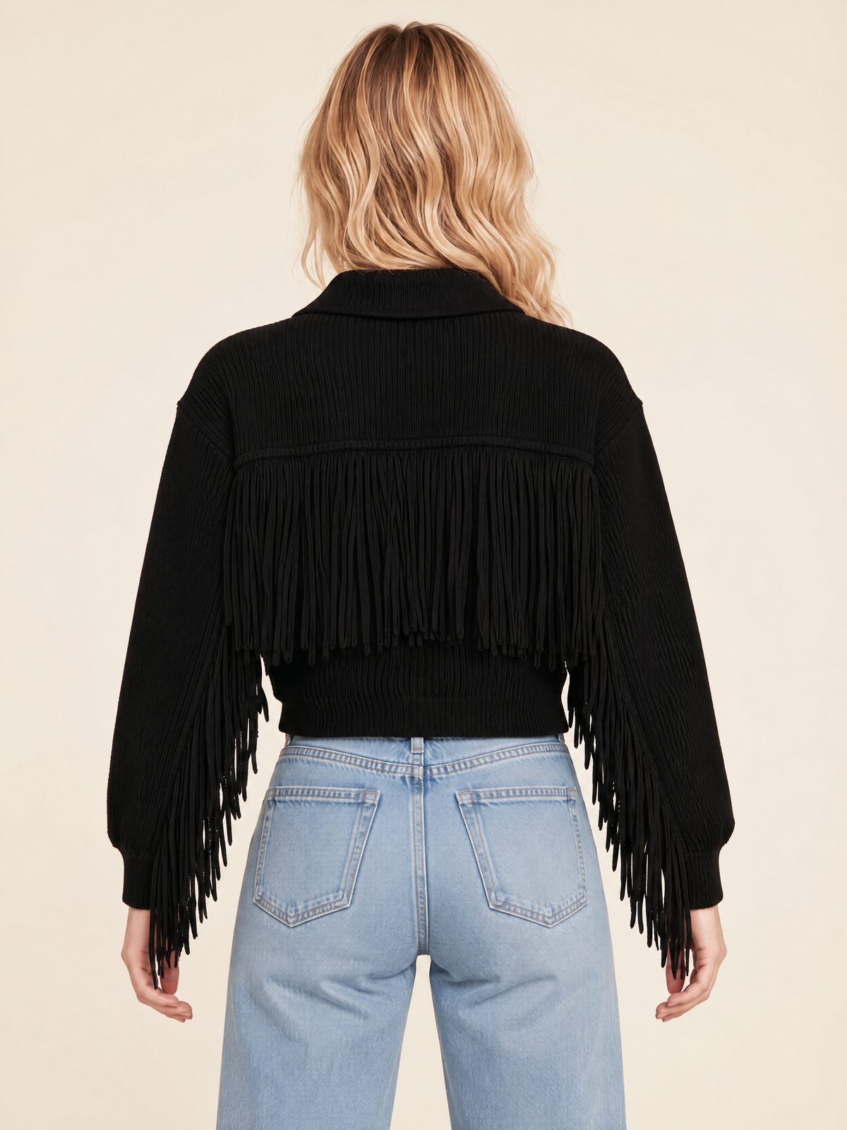 Black Fringe Trim Knit Shirt Jacket With Flap Pockets