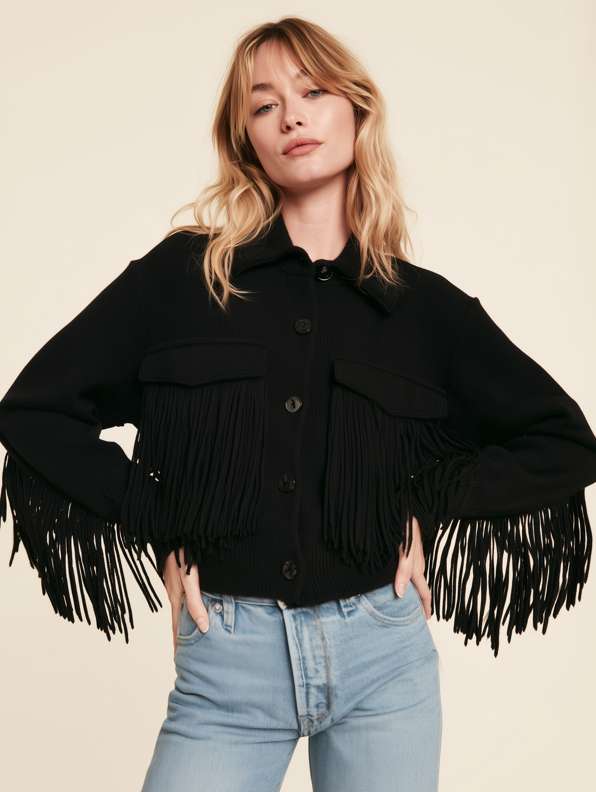 Black Fringe Trim Knit Shirt Jacket With Flap Pockets