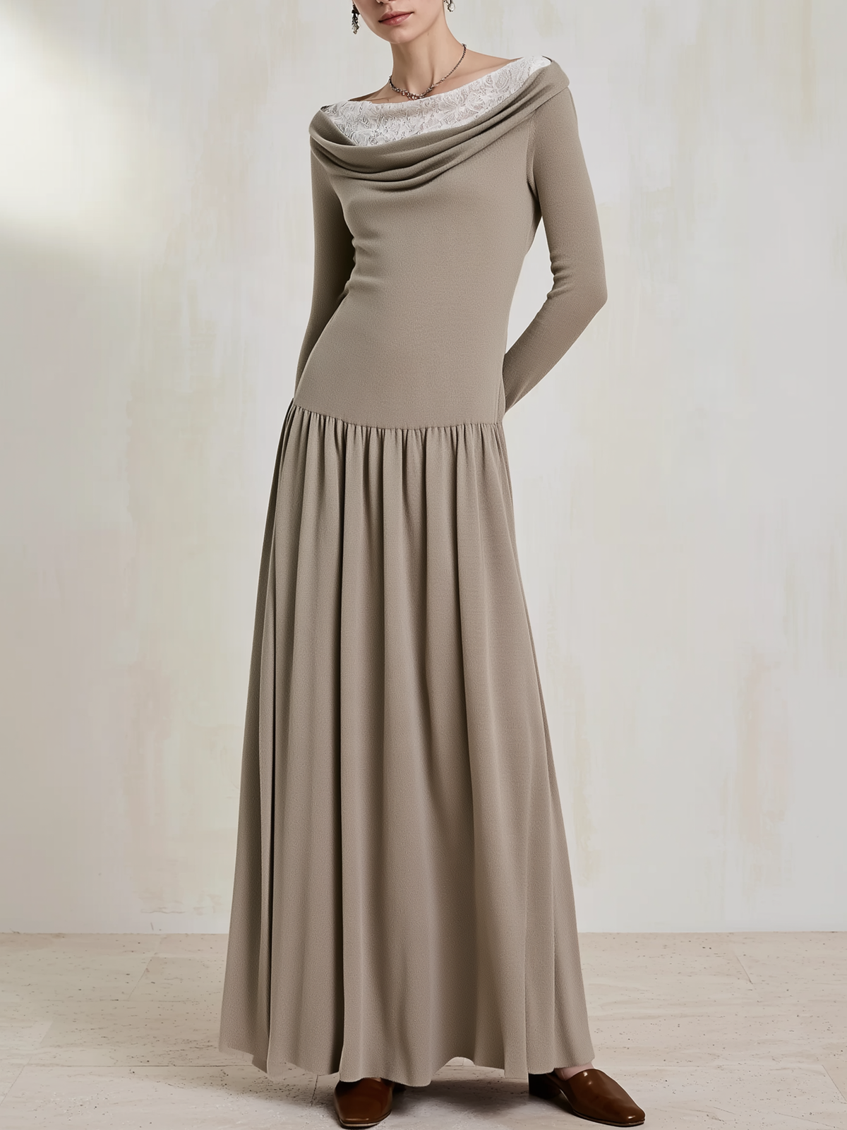 Elegant Taupe Cowl-Neck Lace-Trim Wool-Blend Knit Maxi Dress