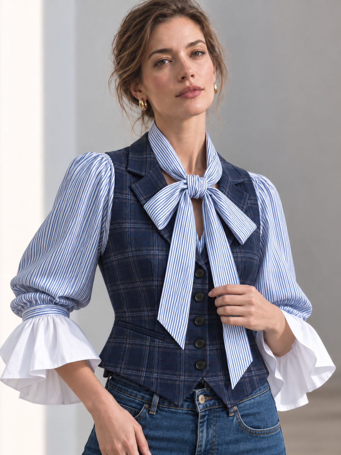 Navy Plaid Wool-Blend Button-Front Vest With Notched Lapel