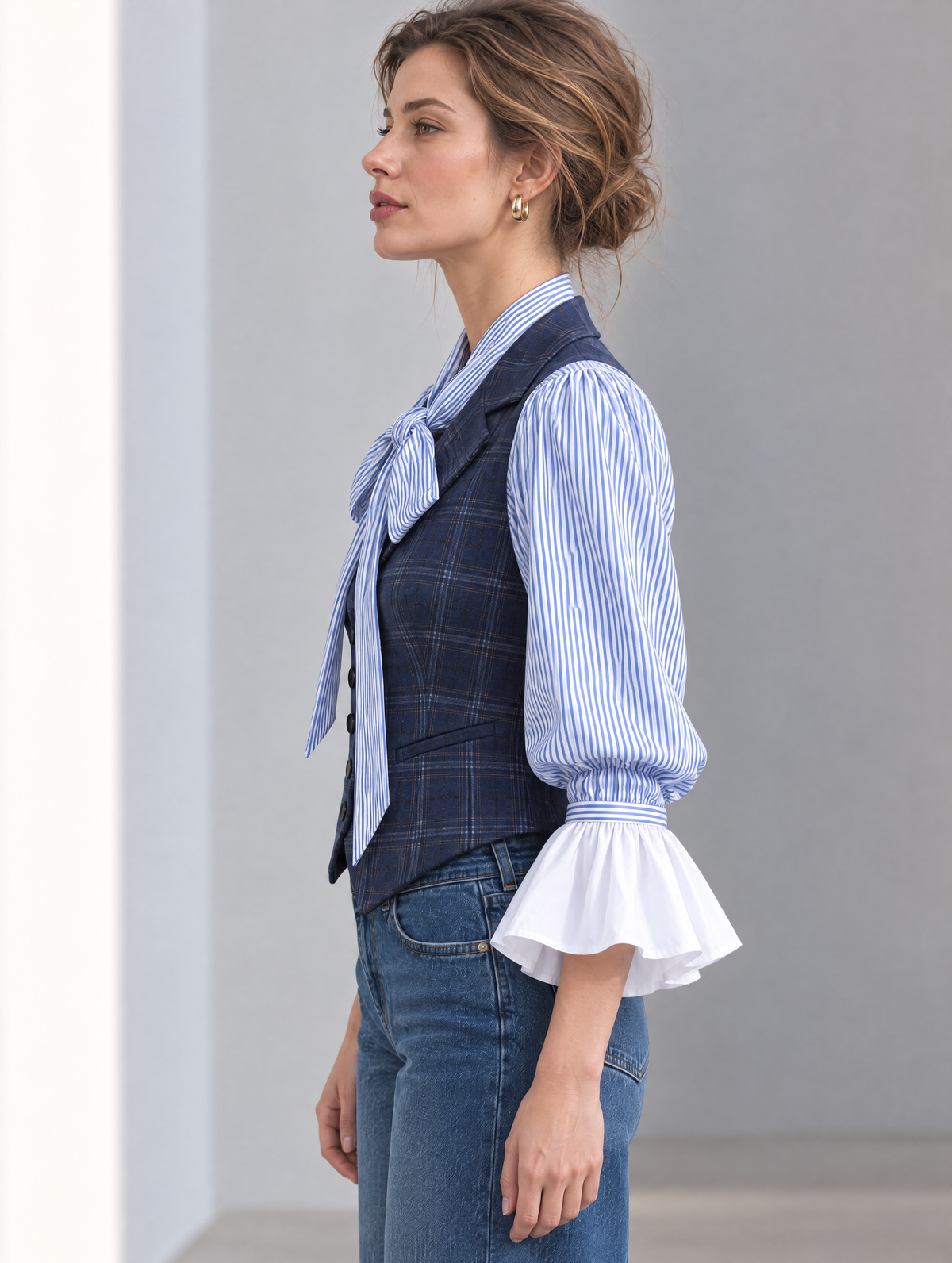 Navy Plaid Wool-Blend Button-Front Vest With Notched Lapel