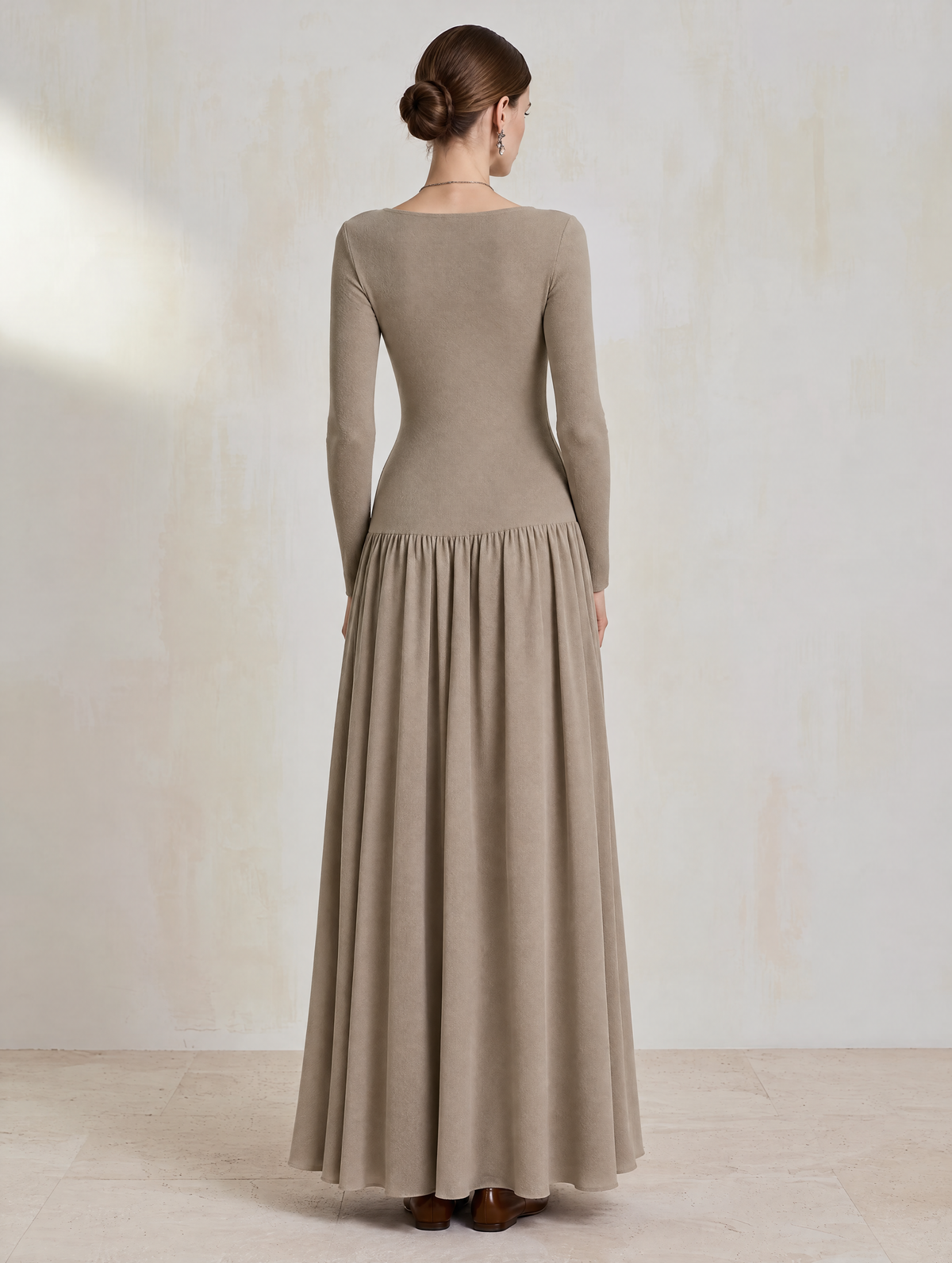 Elegant Taupe Cowl-Neck Lace-Trim Wool-Blend Knit Maxi Dress