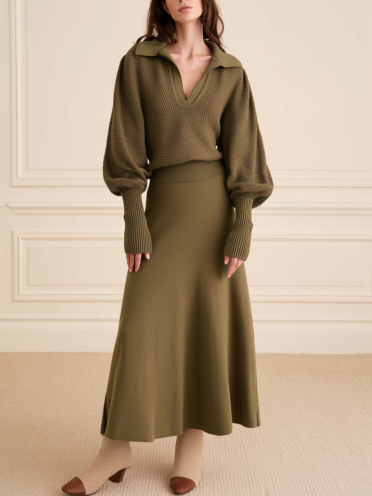 Olive Green Knitted Midi Dress With A Polo Collar And Flared Sleeves