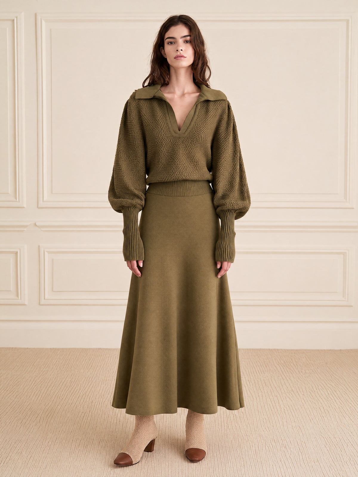 Olive Green Knitted Midi Dress With A Polo Collar And Flared Sleeves