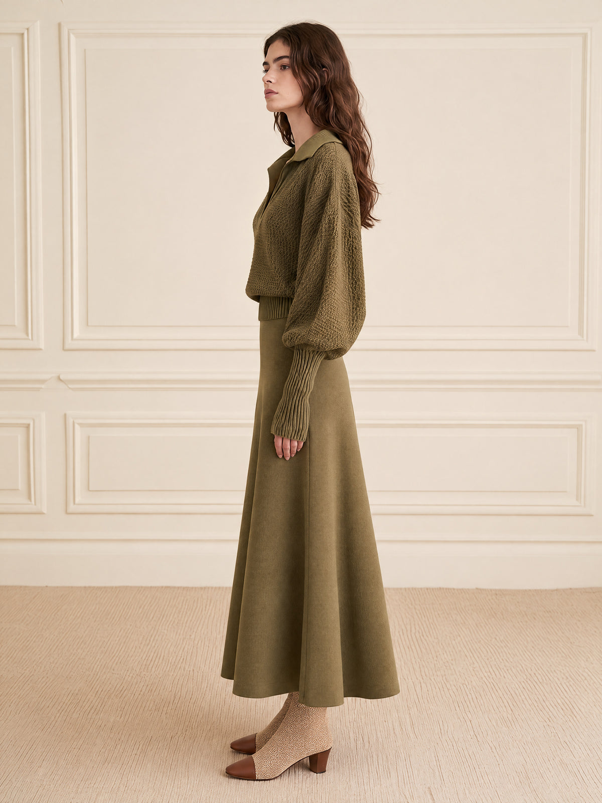 Olive Green Knitted Midi Dress With A Polo Collar And Flared Sleeves