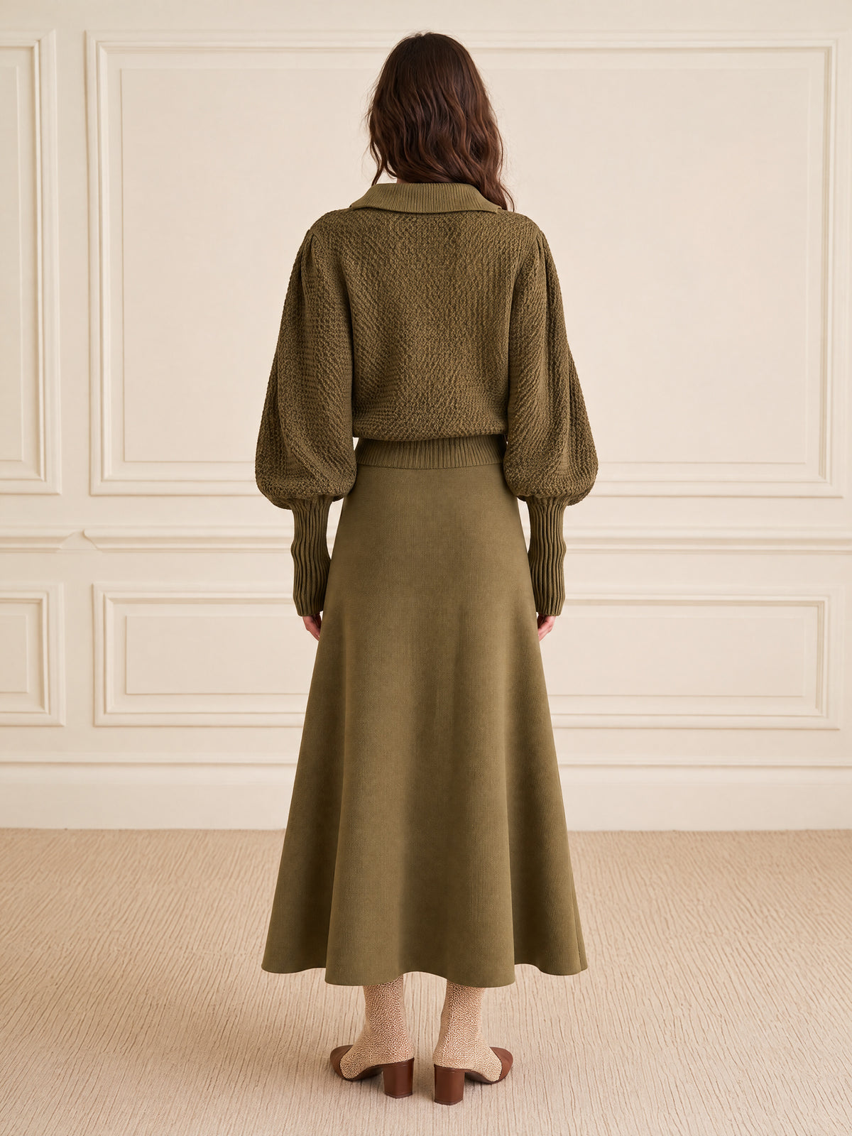 Olive Green Knitted Midi Dress With A Polo Collar And Flared Sleeves