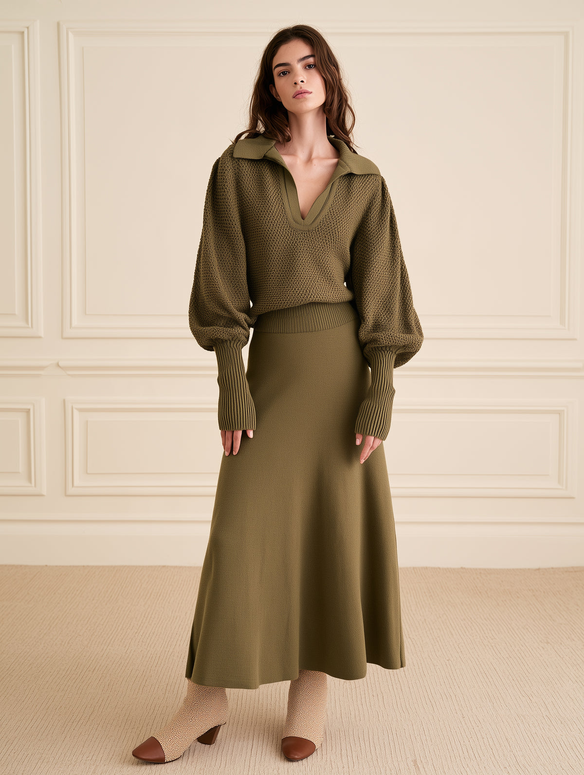 Olive Green Knitted Midi Dress With A Polo Collar And Flared Sleeves