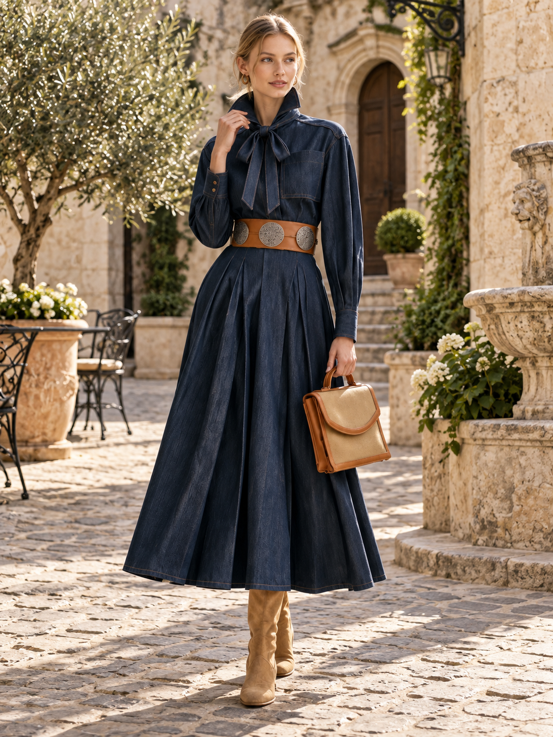 Navy Blue Denim Maxi Skirt With A Bow At The Neckline