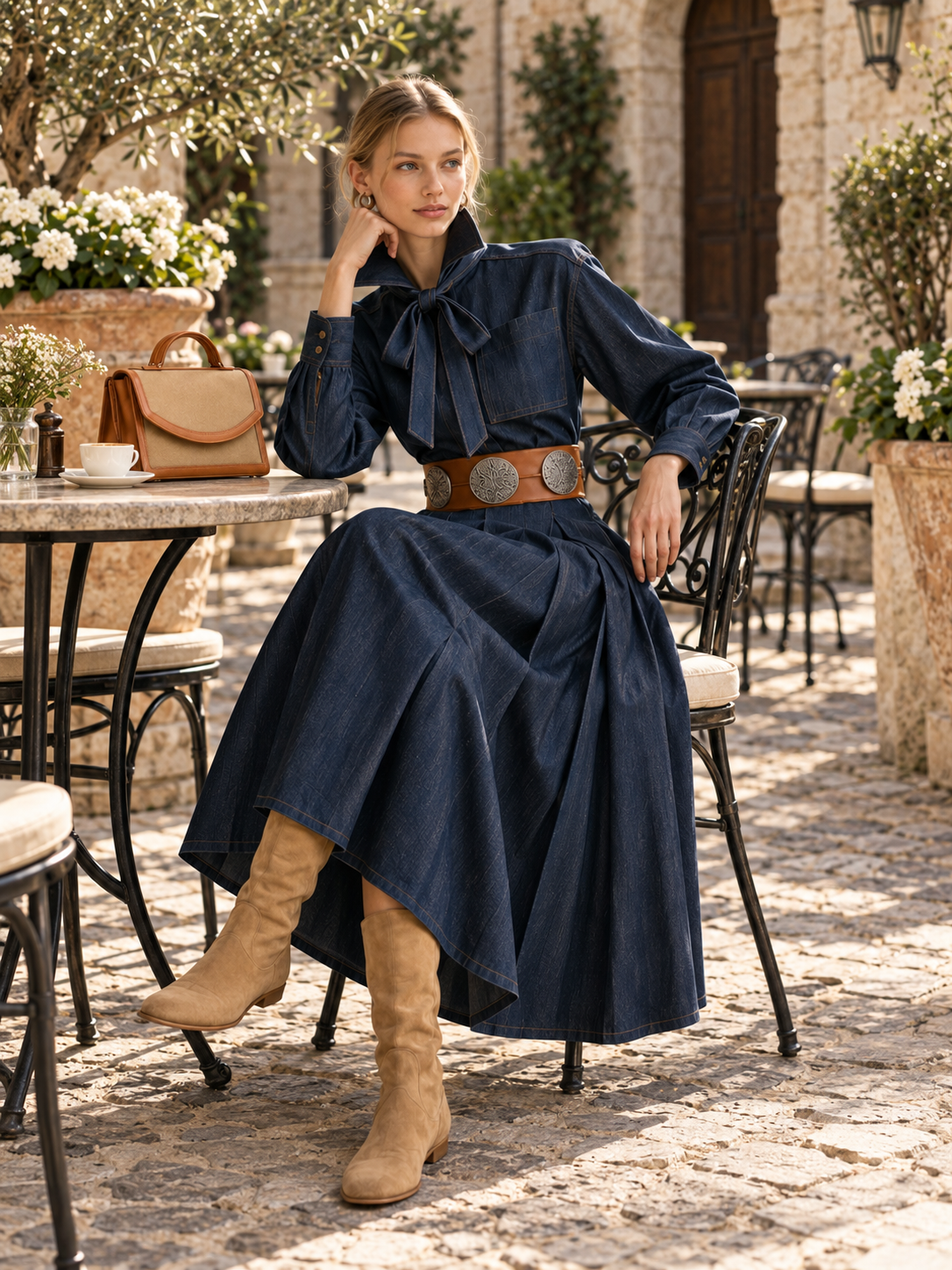 Navy Blue Denim Maxi Skirt With A Bow At The Neckline
