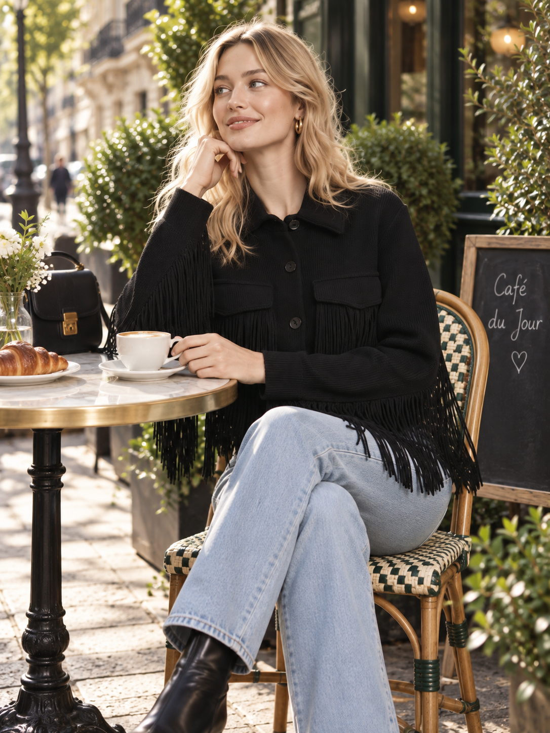 Black Fringe Trim Knit Shirt Jacket With Flap Pockets