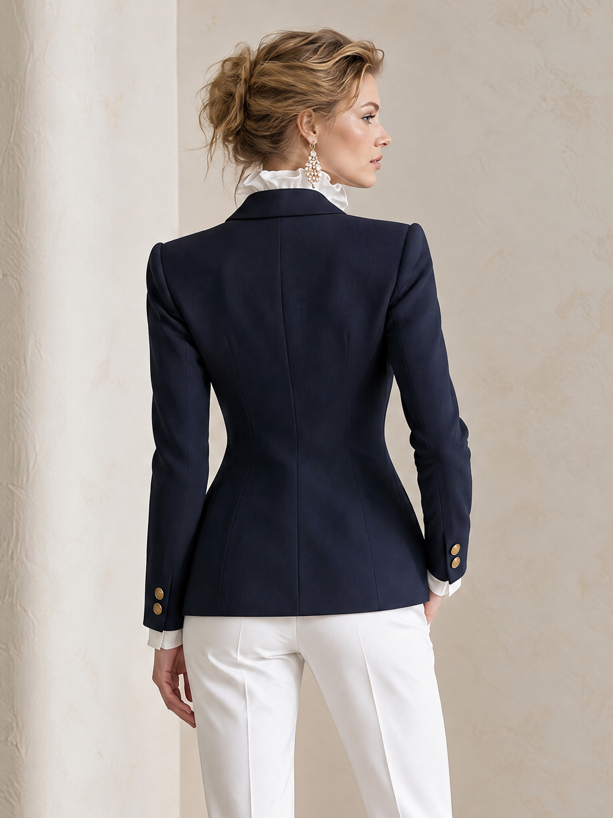 Elegant Navy Blue Blazer With Light Brown Striped Contrast Lapels