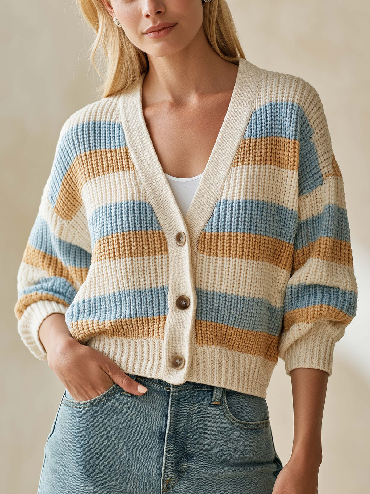 Striped Chunky Knit V-Neck Cropped Cardigan