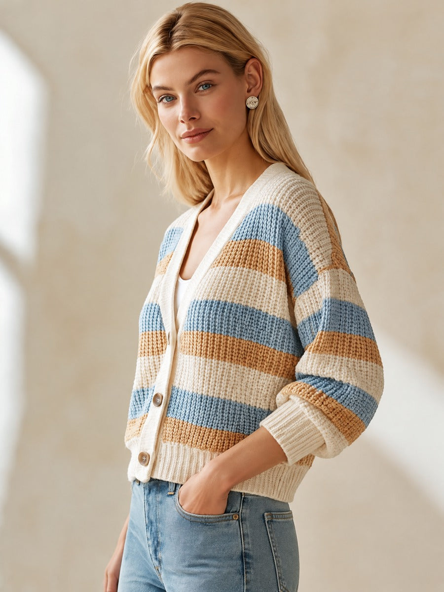 Striped Chunky Knit V-Neck Cropped Cardigan