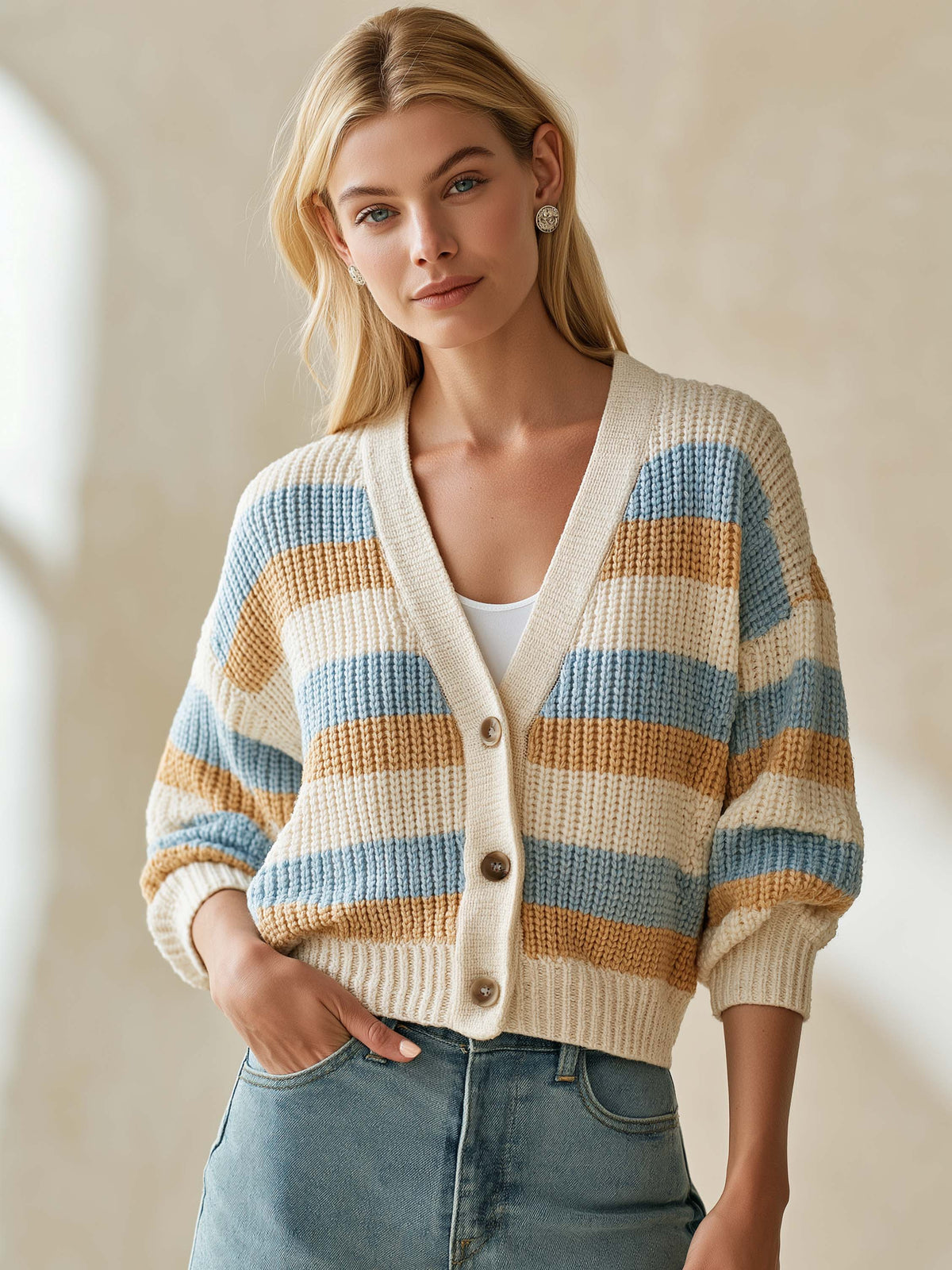 Striped Chunky Knit V-Neck Cropped Cardigan