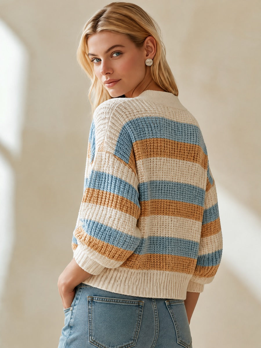 Striped Chunky Knit V-Neck Cropped Cardigan