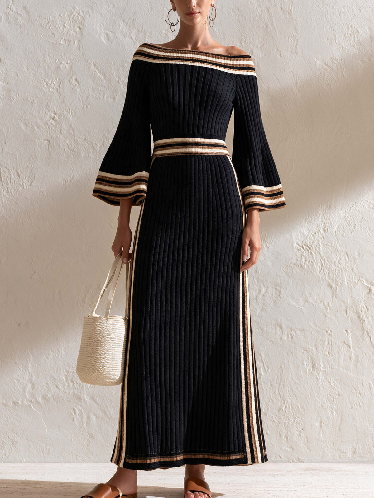 Off Shoulder Striped Flare Sleeve Knit Maxi Dress