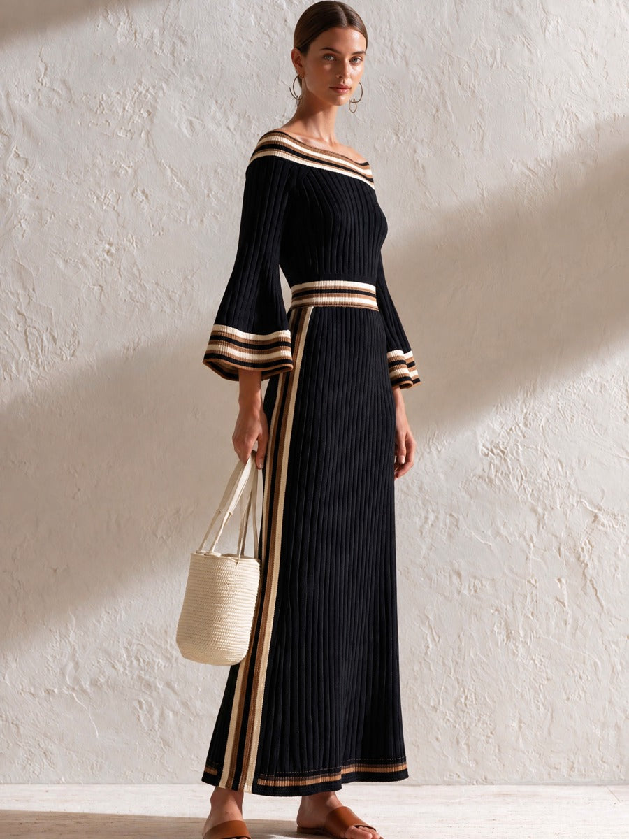Off Shoulder Striped Flare Sleeve Knit Maxi Dress