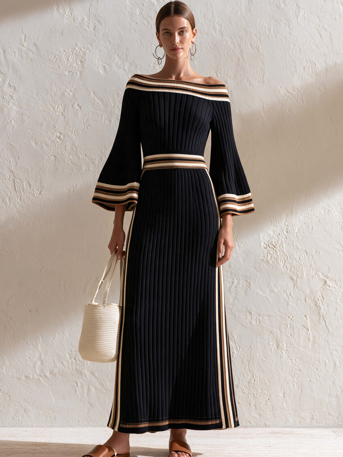 Off Shoulder Striped Flare Sleeve Knit Maxi Dress