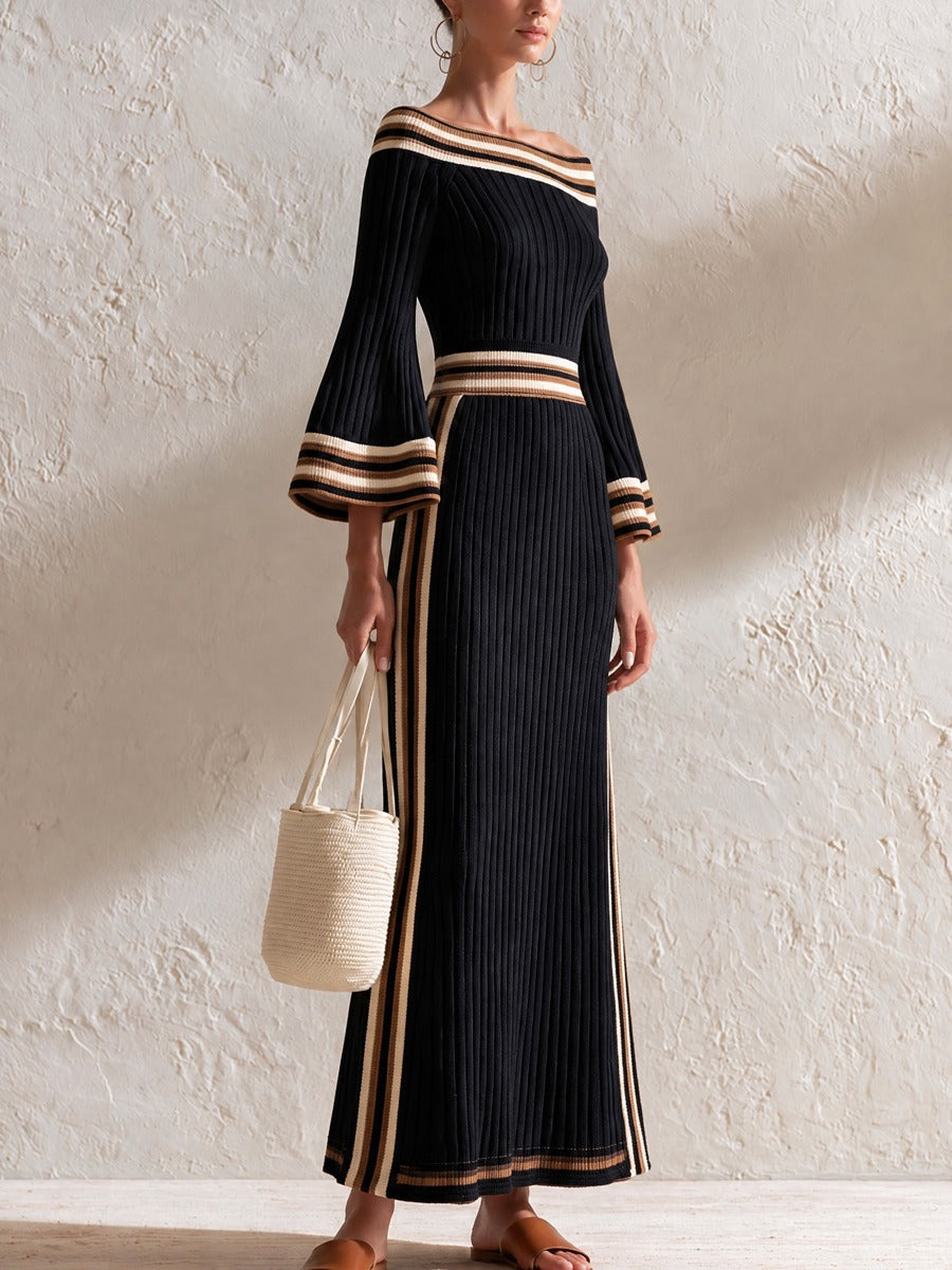 Off Shoulder Striped Flare Sleeve Knit Maxi Dress