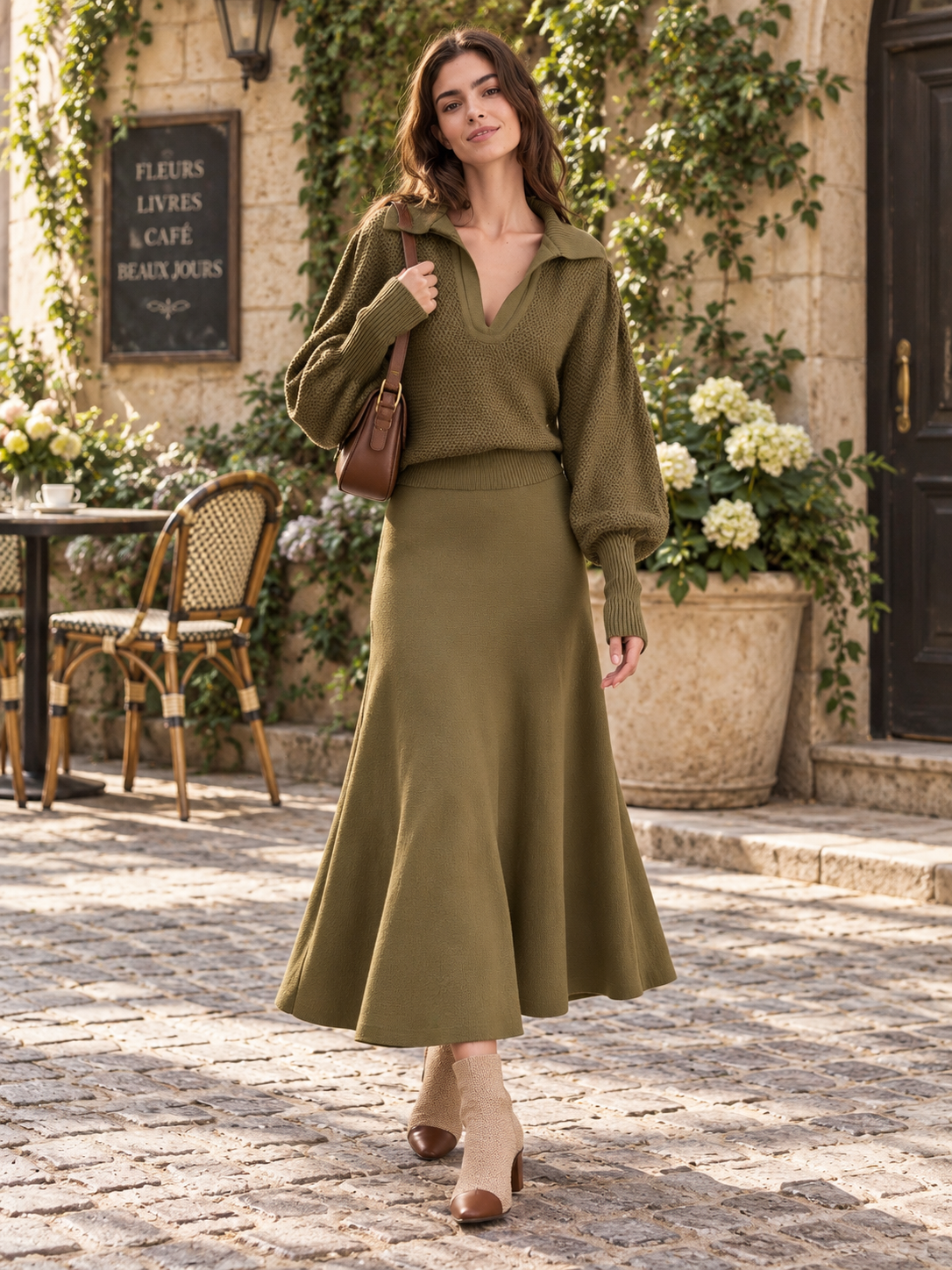 Olive Green Knitted Midi Dress With A Polo Collar And Flared Sleeves