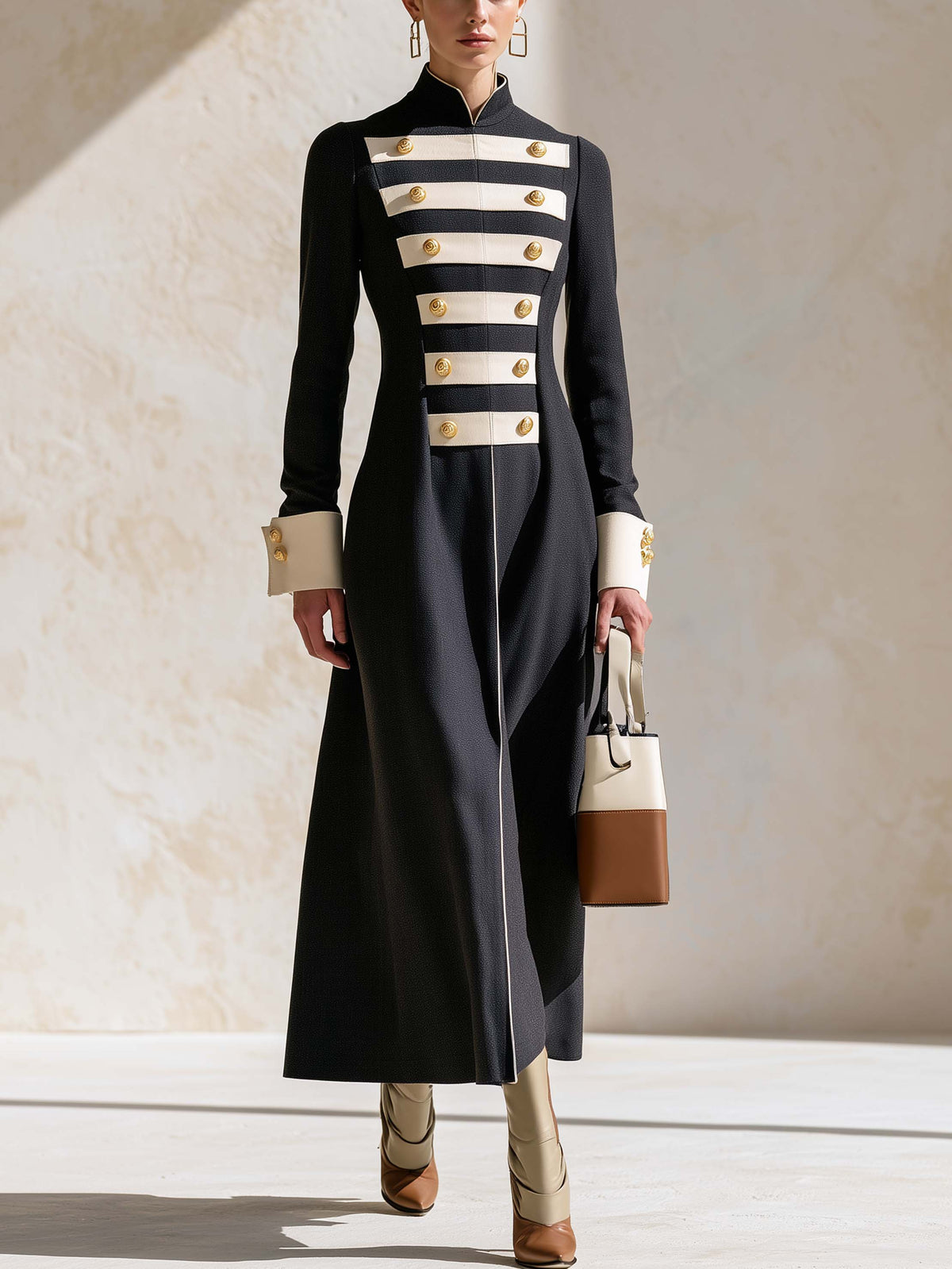 Black White Contrast Slim Long Sleeve Maxi Dress