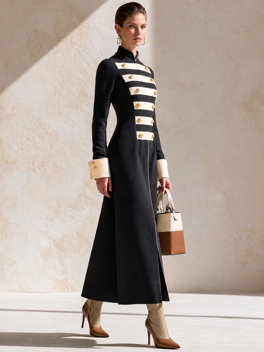 Black White Contrast Slim Long Sleeve Maxi Dress