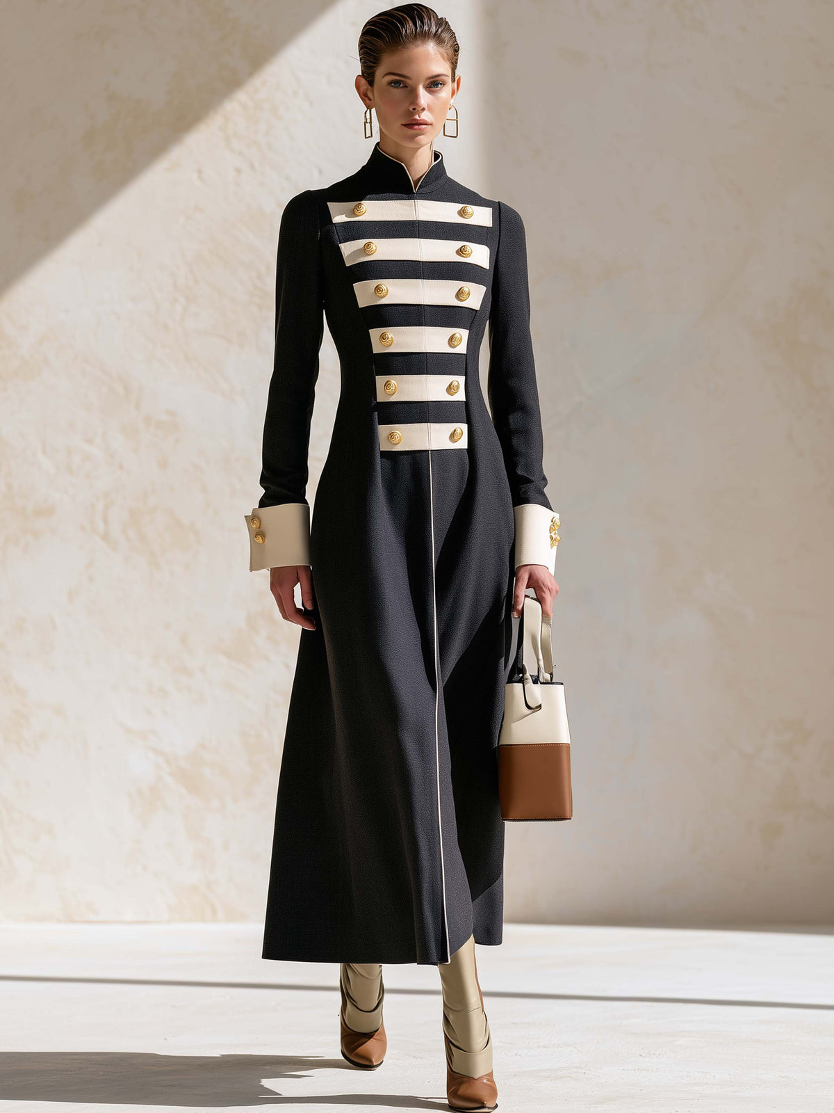 Black White Contrast Slim Long Sleeve Maxi Dress