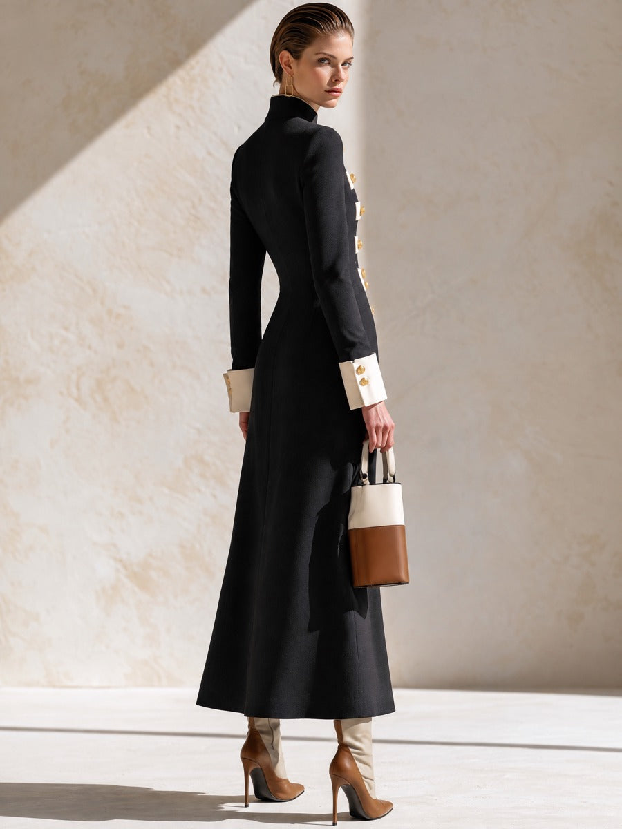Black White Contrast Slim Long Sleeve Maxi Dress