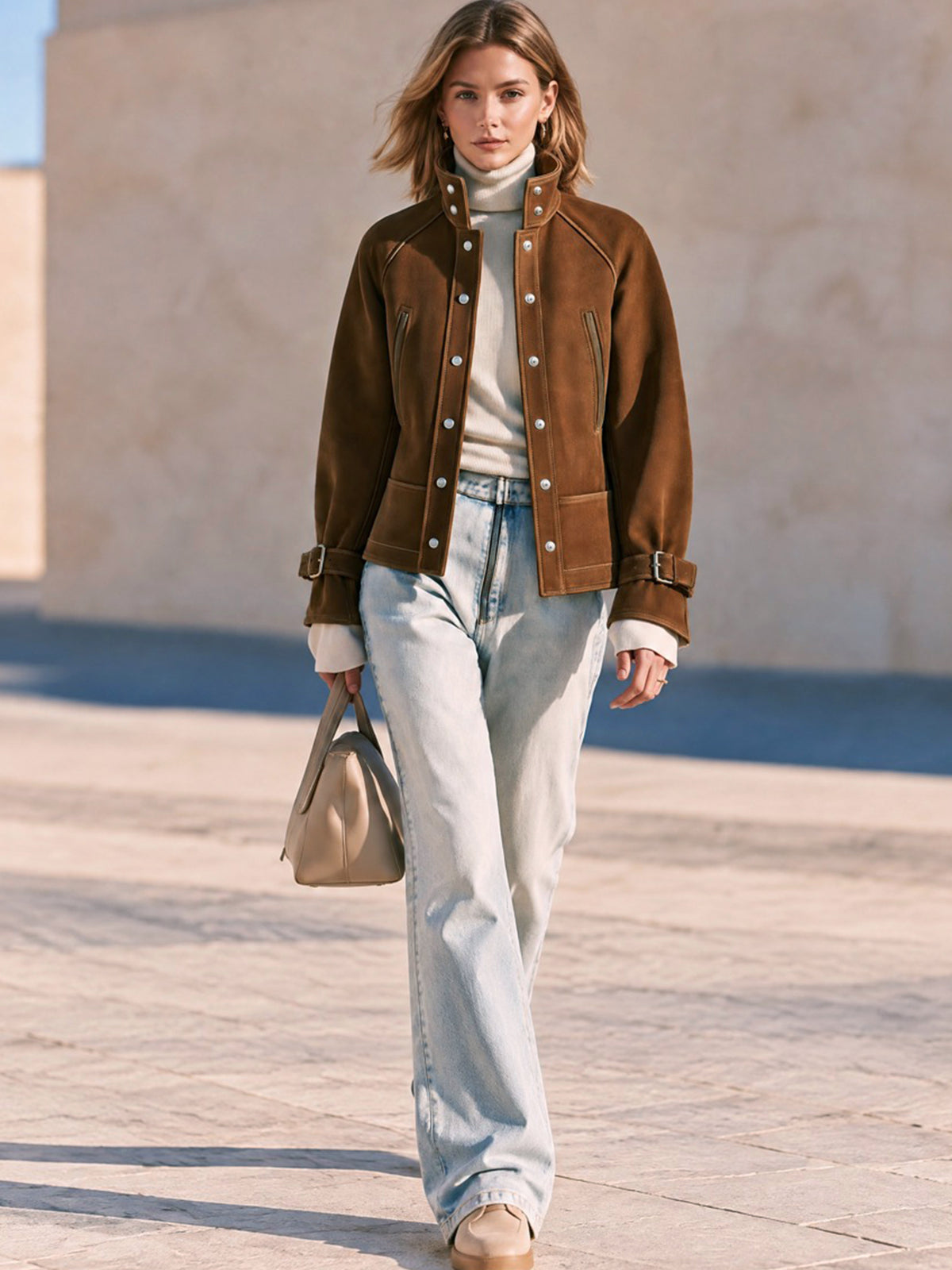 Suede Stand Collar Utility Jacket Outerwear