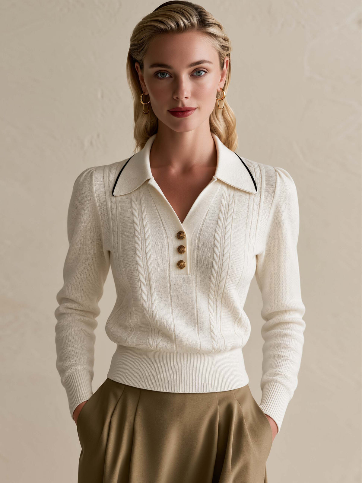 Off-white Contrast Trim Polo Cable Knit Sweater