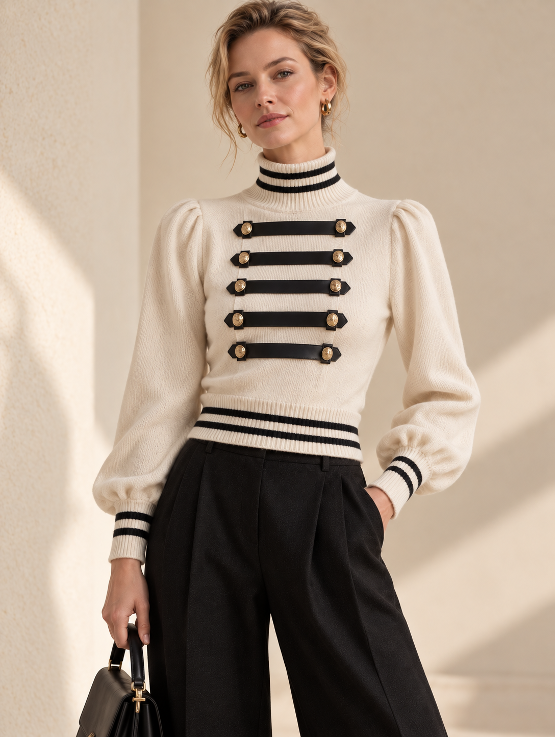 Cream Military Turtleneck Sweater With Gold Button Contrast Trim