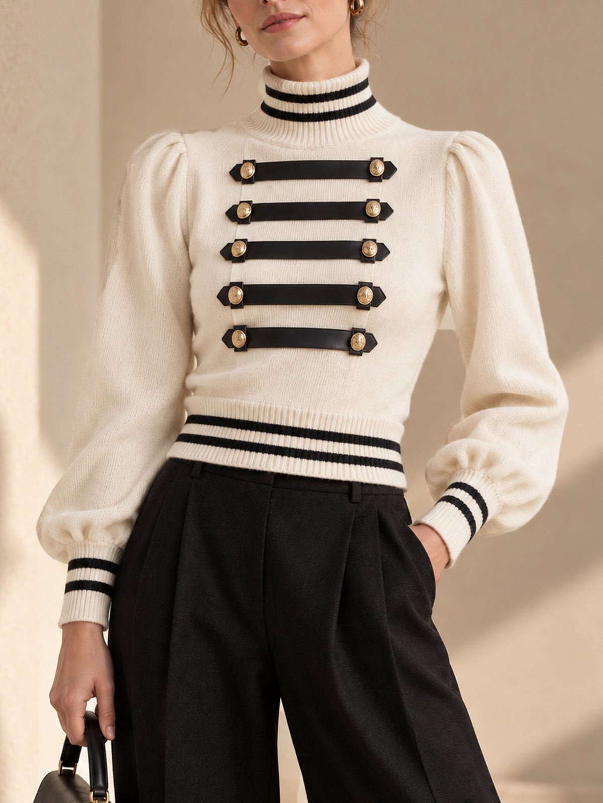 Cream Military Turtleneck Sweater With Gold Button Contrast Trim