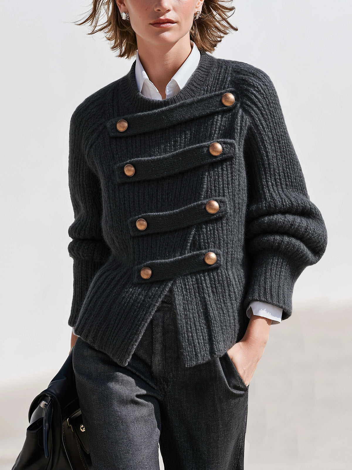 Asymmetrical Button Wool Blend Knit Sweater Pullover