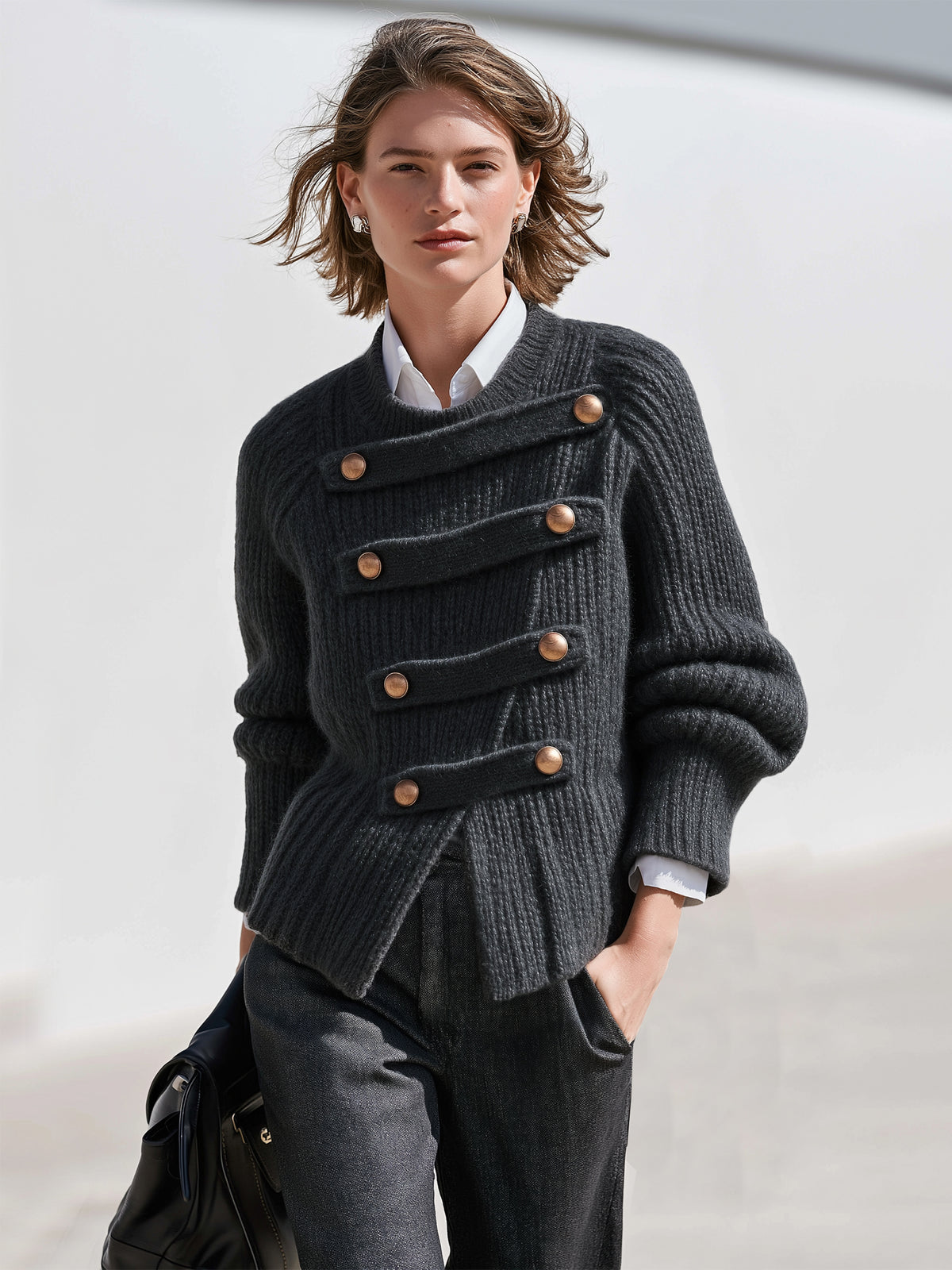 Asymmetrical Button Wool Blend Knit Sweater Pullover