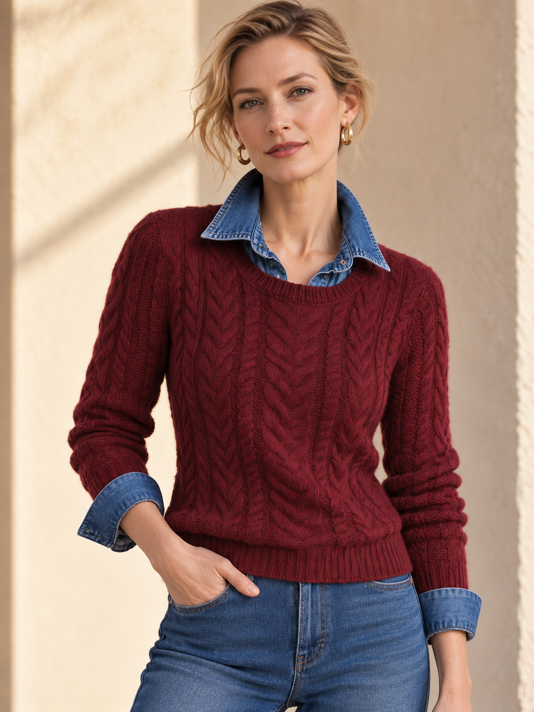 Burgundy Cable Knit Crewneck Sweater With Ribbed Trim