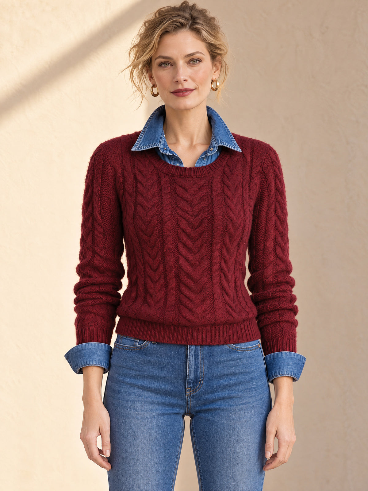 Burgundy Cable Knit Crewneck Sweater With Ribbed Trim